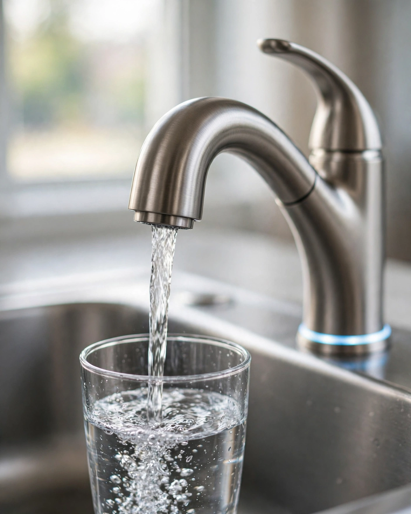Modern RO faucet with digital display pouring filtered water into a glass