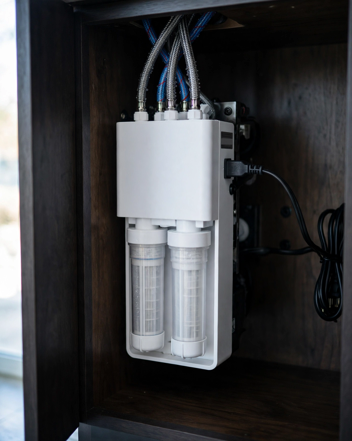 Close-up of a compact tankless under-sink RO unit with quick-change cartridges