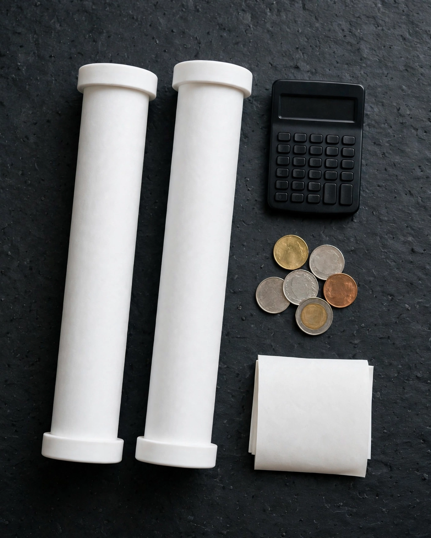 Flat-lay of RO filter cartridges, calculator and coins showing yearly running cost