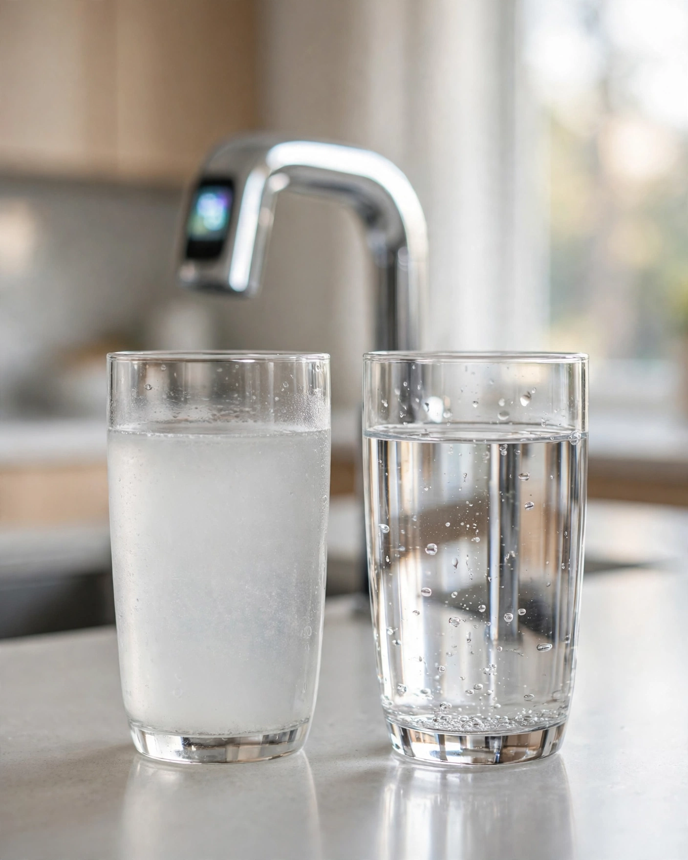Tap water vs filtered water glasses showing TDS difference