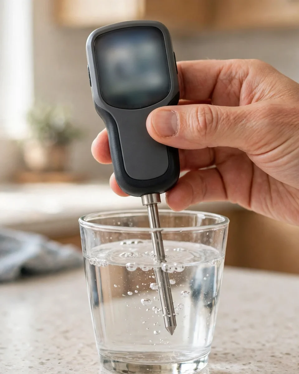 Hand holding a TDS meter probe in a glass of tap water — the reading decides ZeroWater filter life