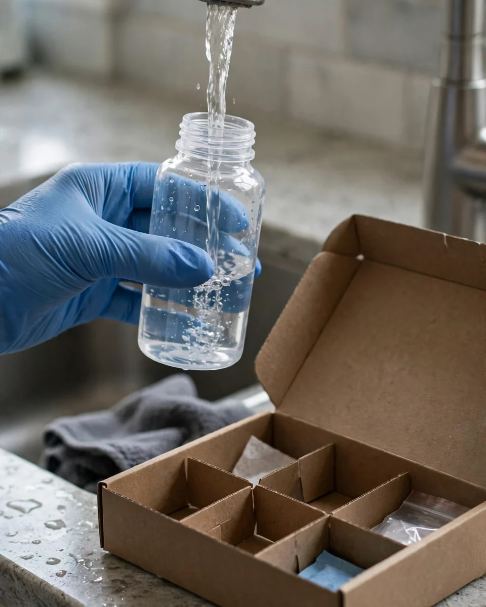Gloved hand filling a plain laboratory sample bottle at a kitchen faucet with a cardboard sampling kit beside it