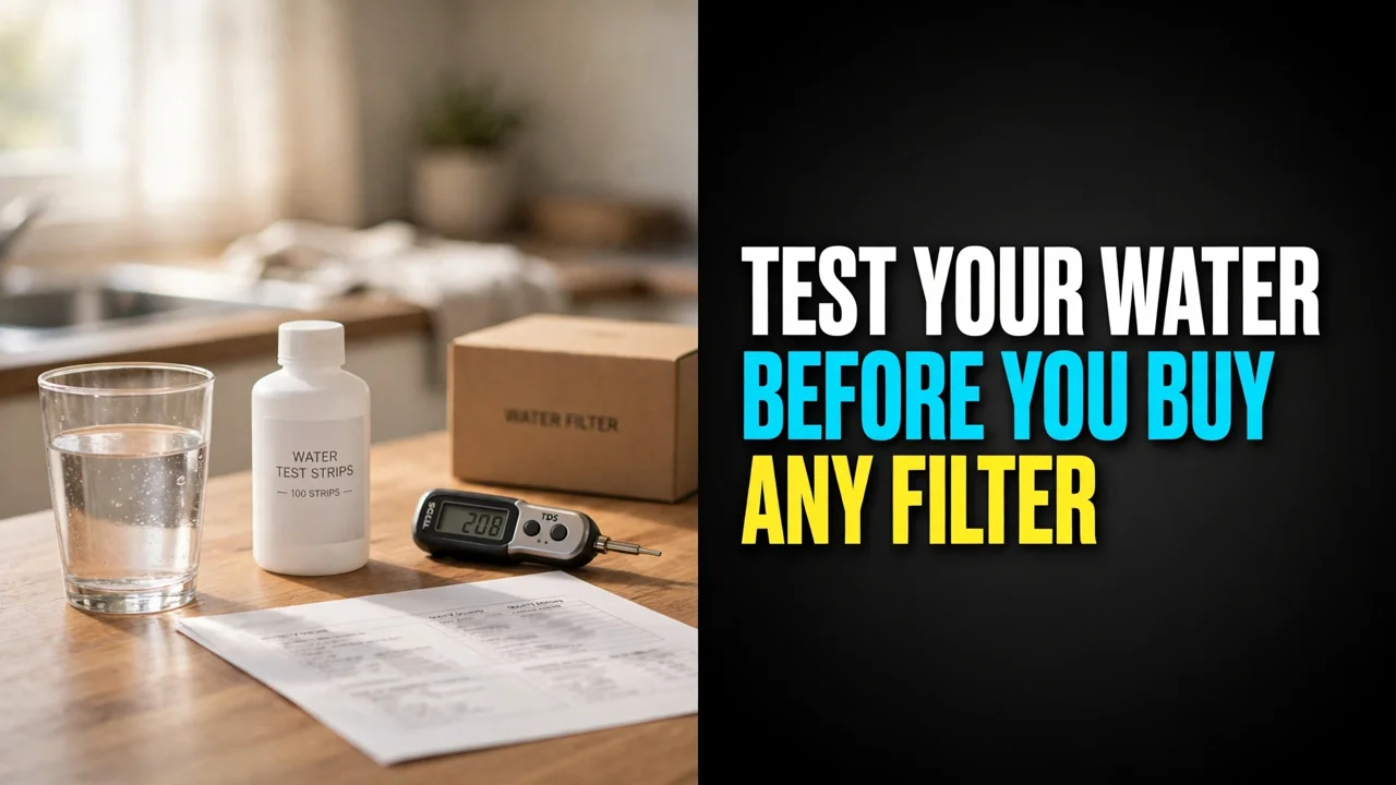Test your water before you buy any filter — a test strip bottle, TDS meter reading 208, water report and an unopened filter box on a counter