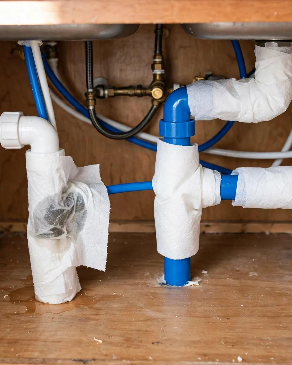 Paper towels wrapped around every RO fitting, one showing a damp spot that names the leak