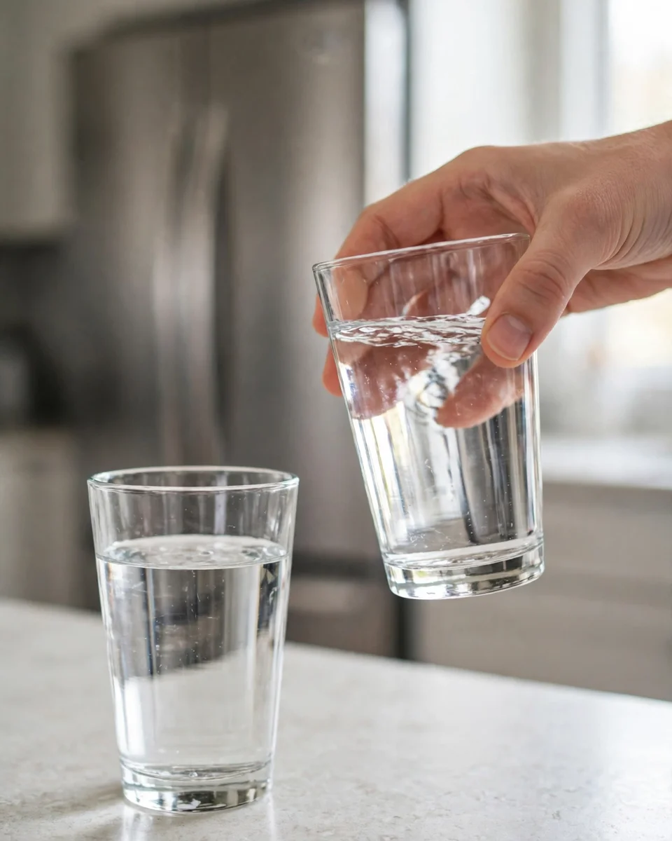 Two glasses of water on a kitchen counter, one lifted for a taste comparison, refrigerator behind