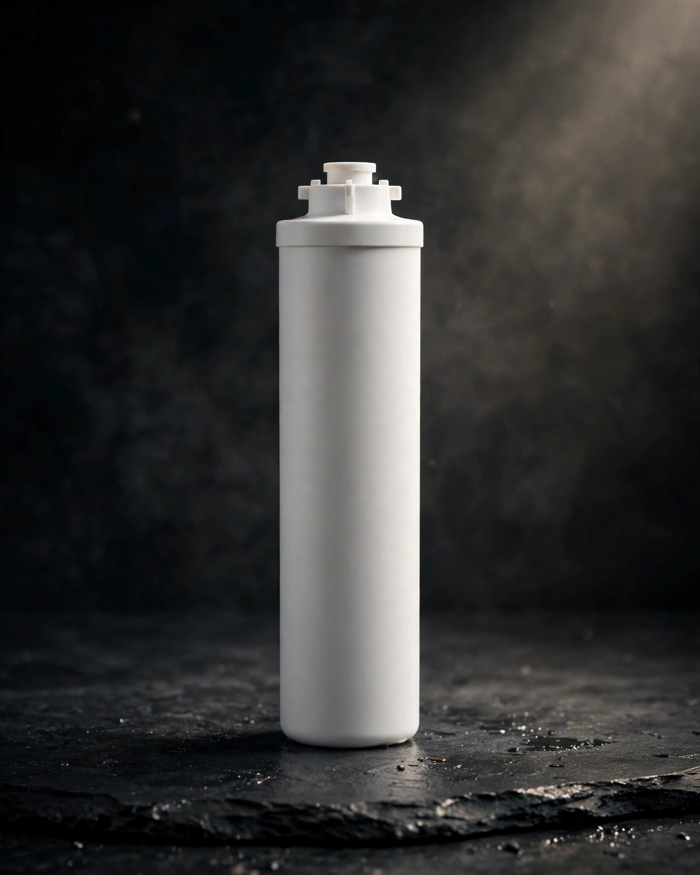Close-up of an unlabeled white refrigerator water filter cartridge
