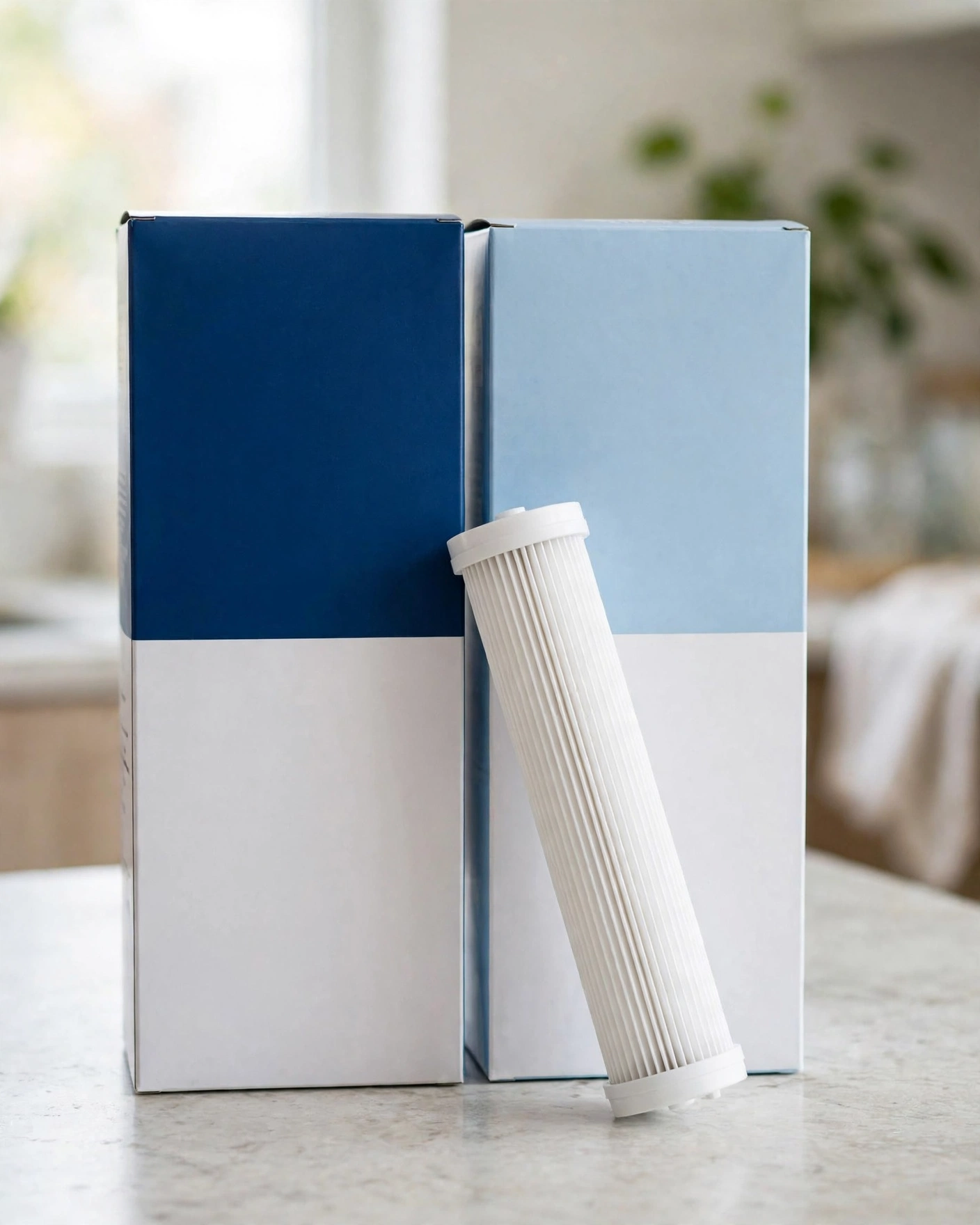 Genuine retail packaging for Frigidaire refrigerator filters on a kitchen counter