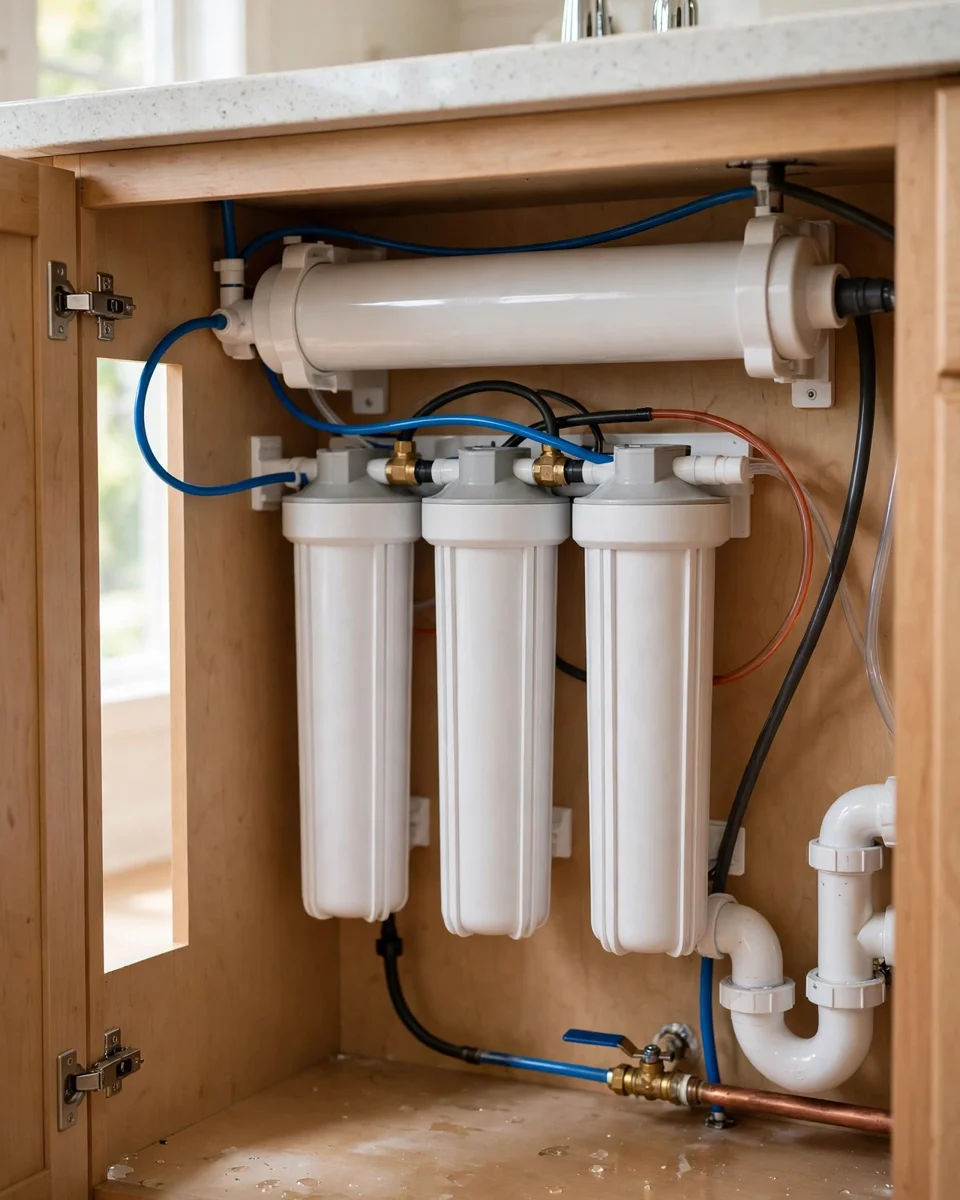 Under-sink reverse osmosis system with white filter housings, membrane housing and tubing inside a kitchen cabinet