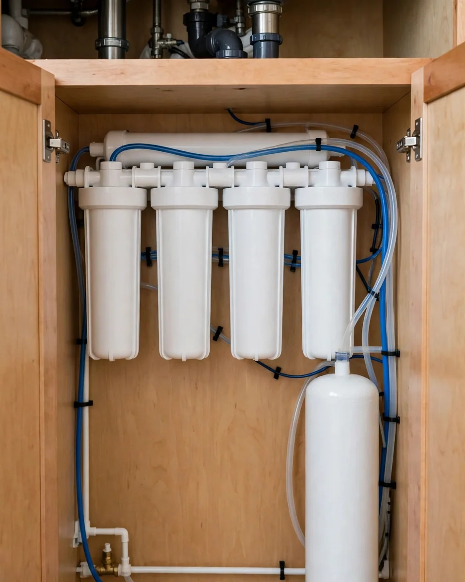 Under-sink reverse osmosis system with white housings and a storage tank inside a kitchen cabinet