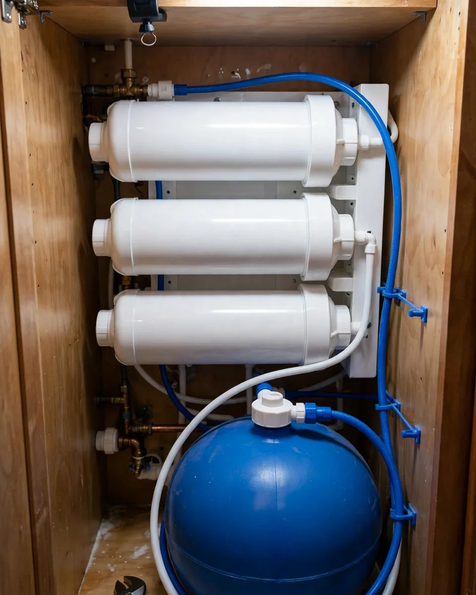 Under-sink reverse osmosis system with three white housings, blue storage tank and blue tubing inside a kitchen cabinet