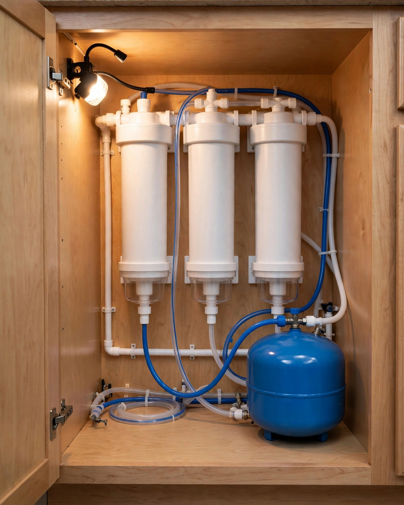 Open under-sink kitchen cabinet with a reverse osmosis tank unit and filter cartridges installed