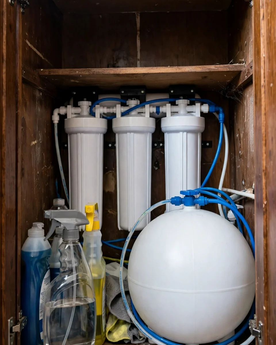 Under-sink reverse osmosis system with a storage tank inside a kitchen cabinet