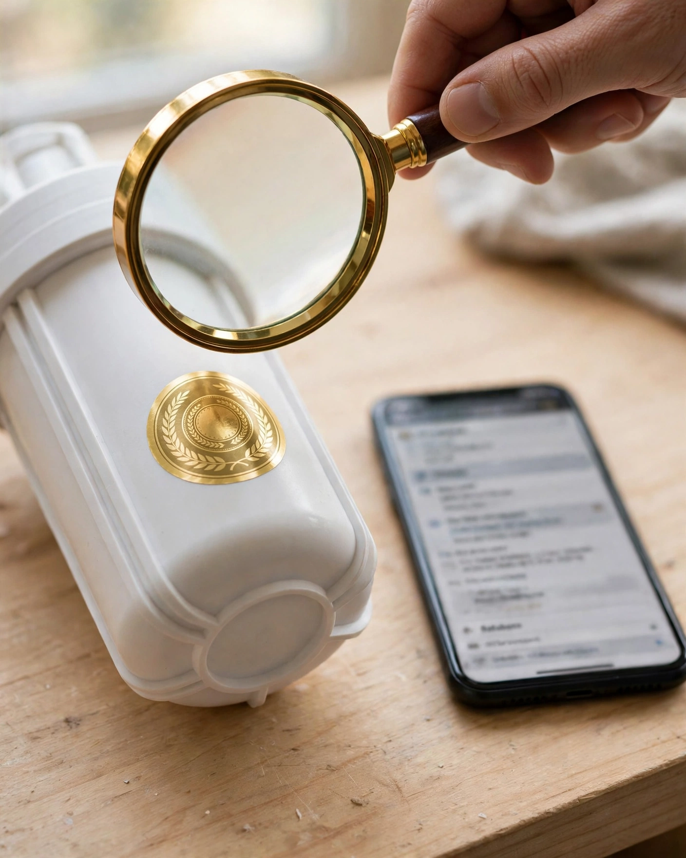 Magnifying glass over a certification seal on a white filter housing with a smartphone showing a certification database listing