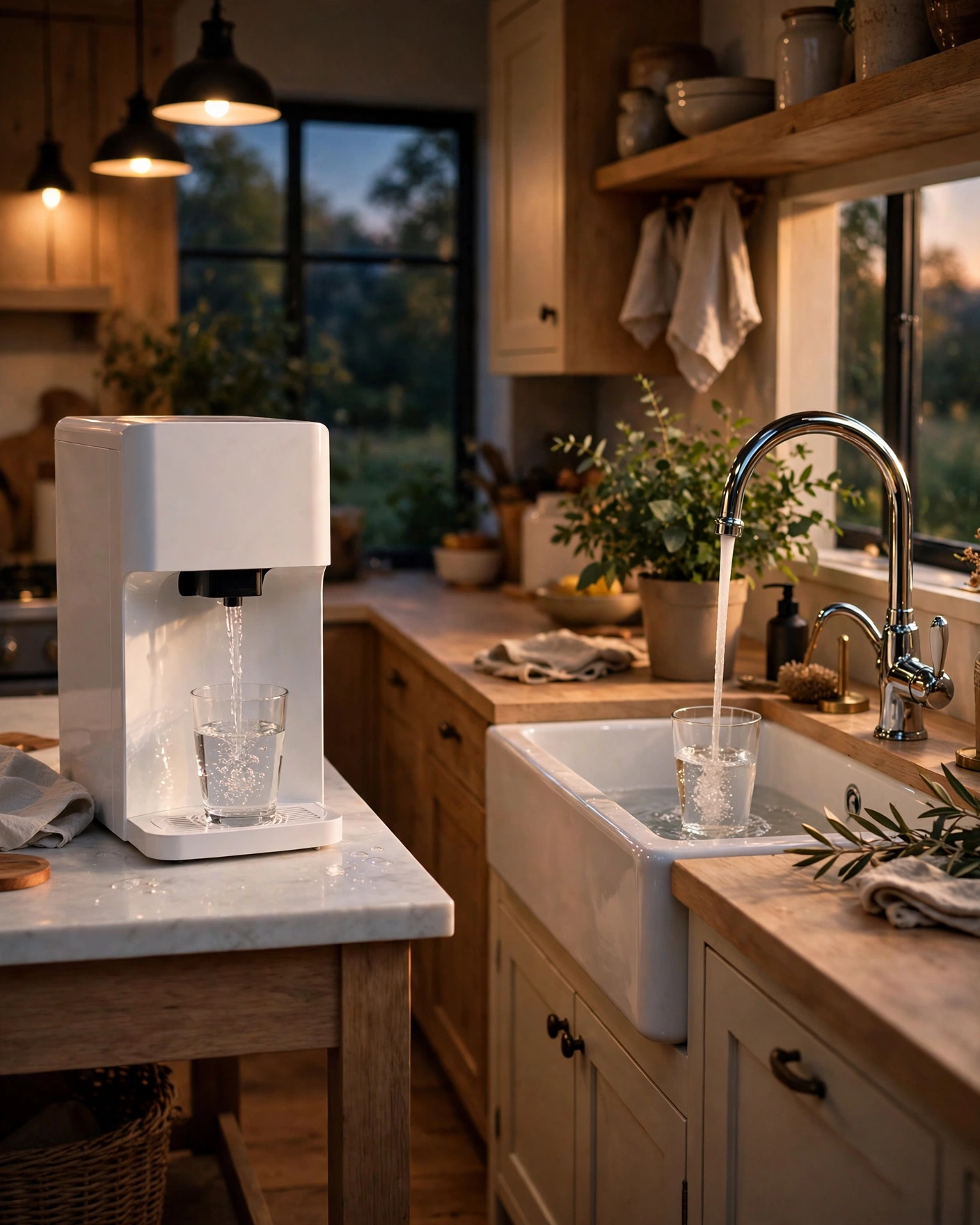 Evening kitchen with a countertop water dispenser on the island and a gooseneck filtered-water faucet at the sink