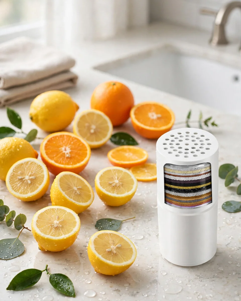 Citrus fruit beside an unlabeled filter cartridge — vitamin C media neutralizes chloramine chemically