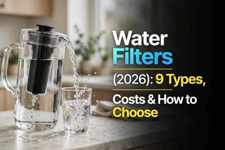 Water filter pitcher pouring freshly filtered water into a glass