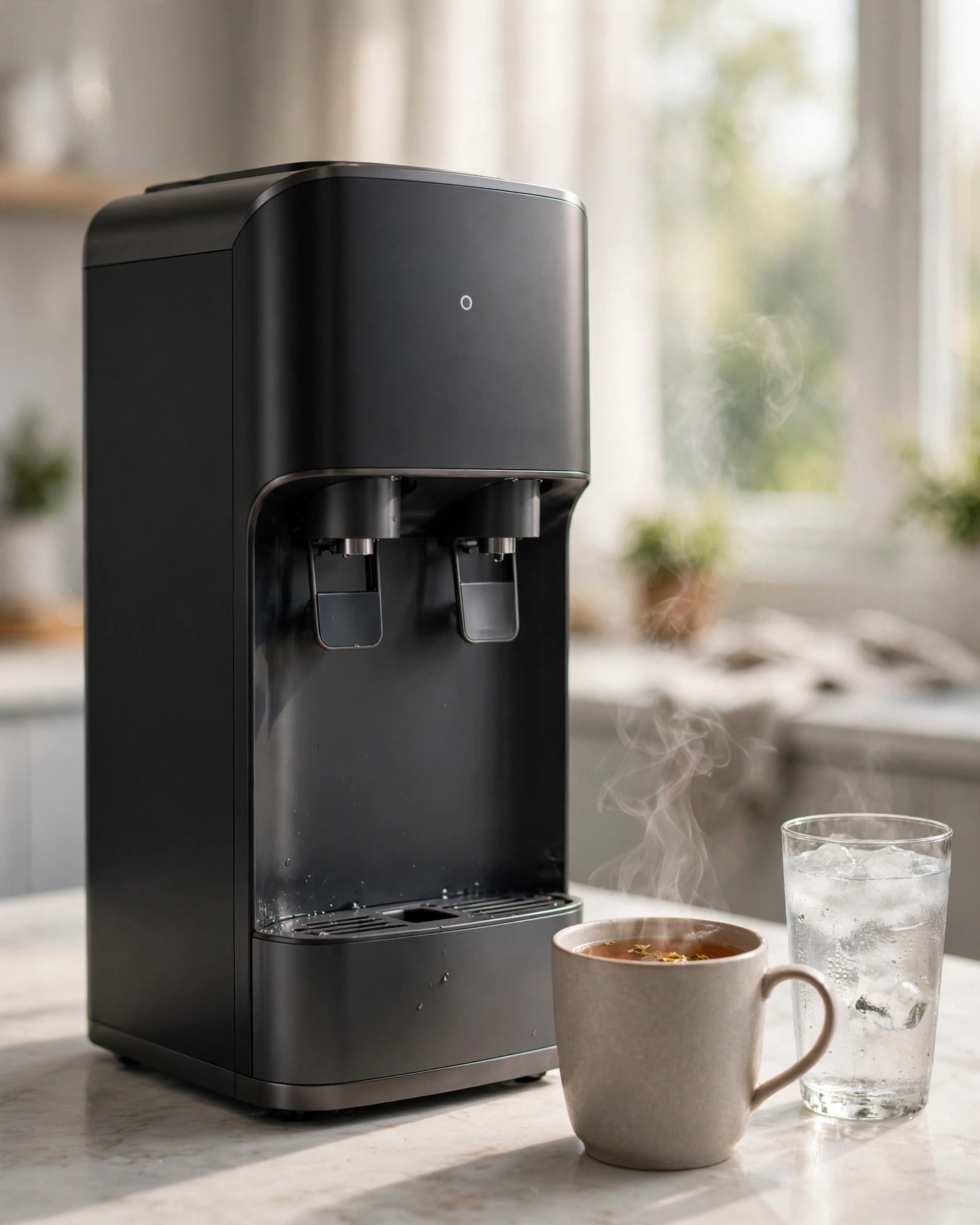 Waterdrop A1 countertop RO dispenser with steaming mug and iced glass