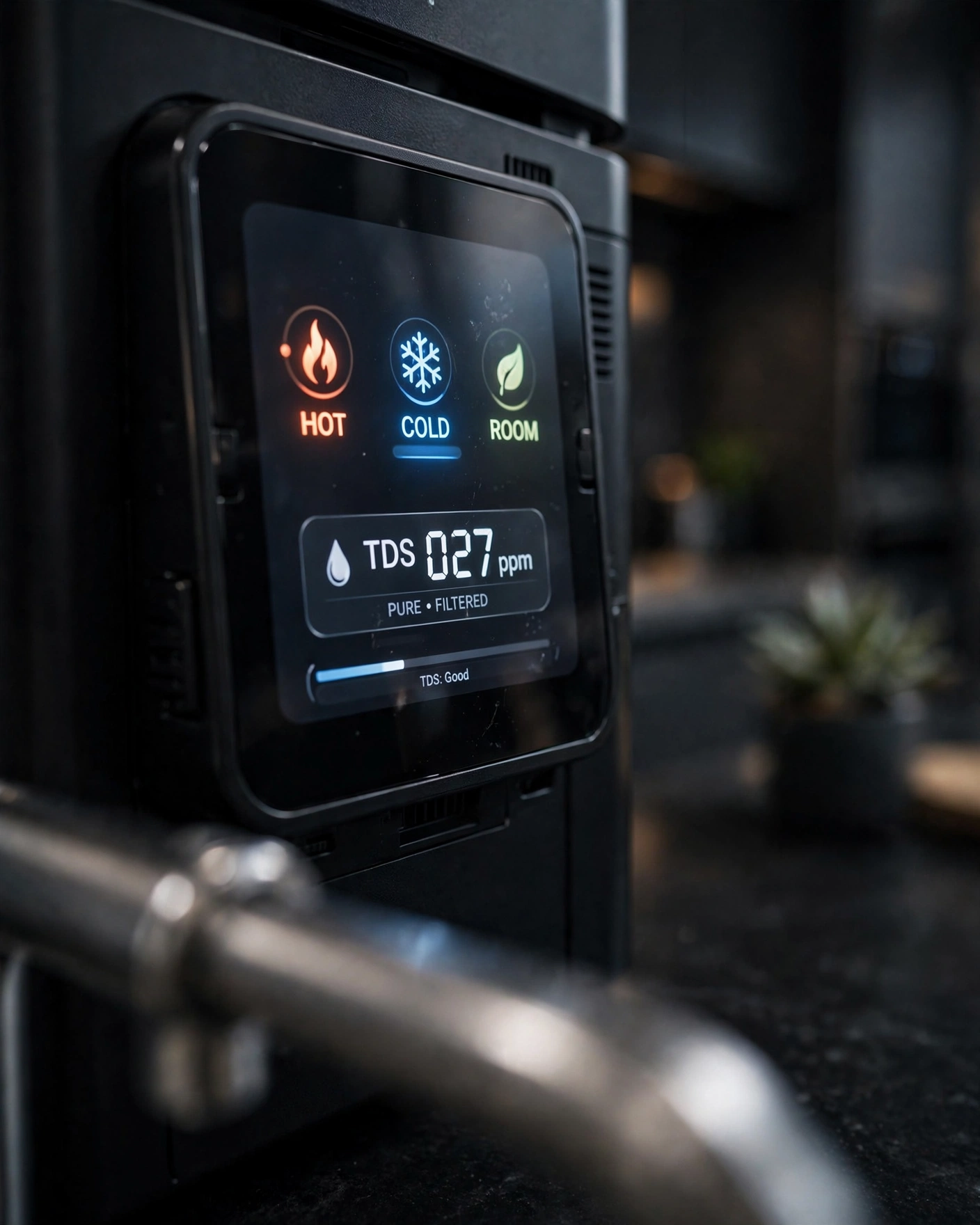 Waterdrop A1 OLED touch screen showing temperature presets and TDS readout