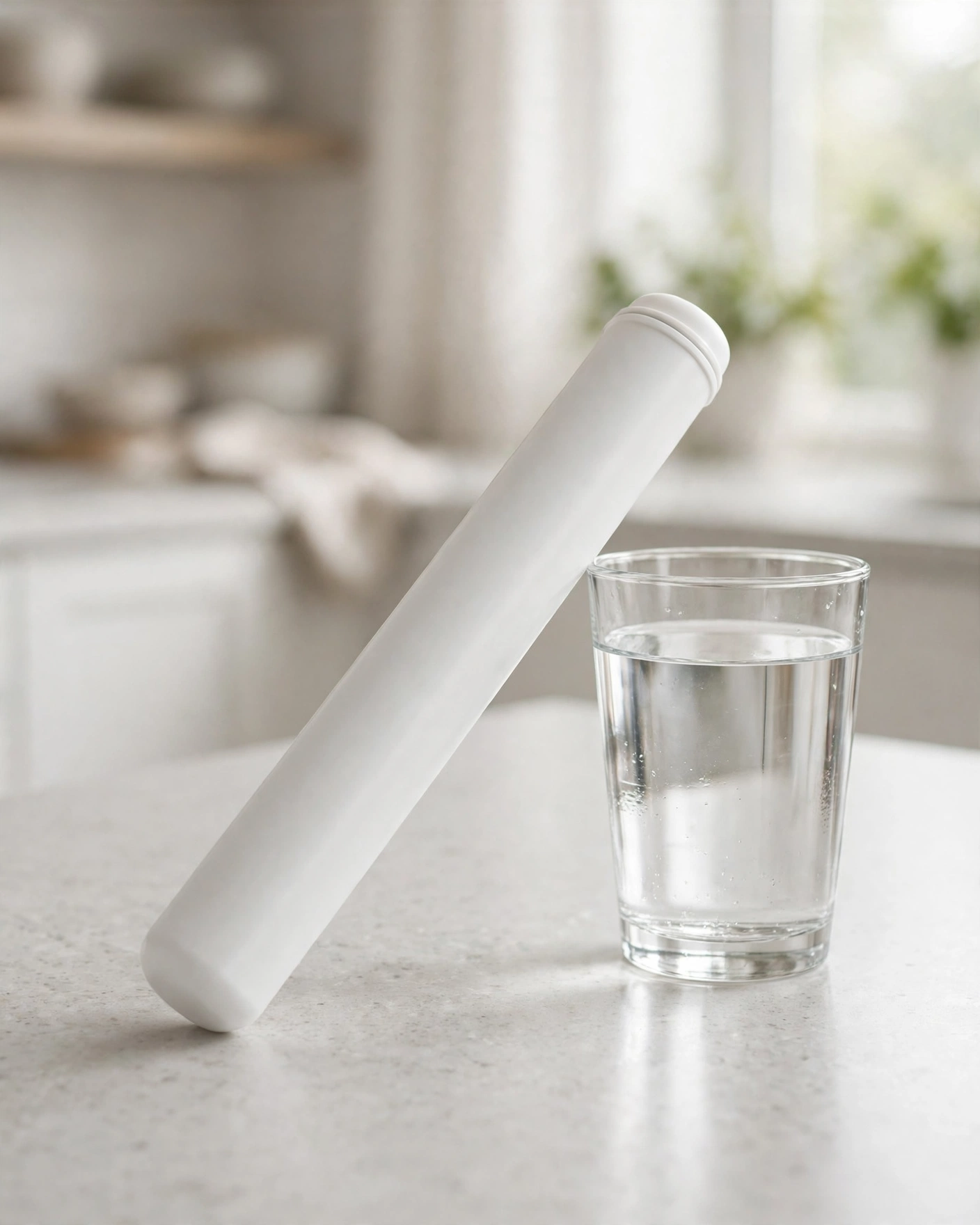 Single unlabeled compatible Samsung refrigerator filter cartridge lying beside a glass of filtered water