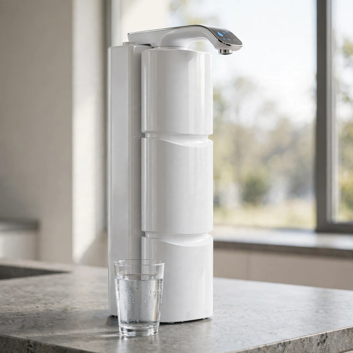 Waterdrop X12 tankless reverse osmosis unit on a kitchen counter