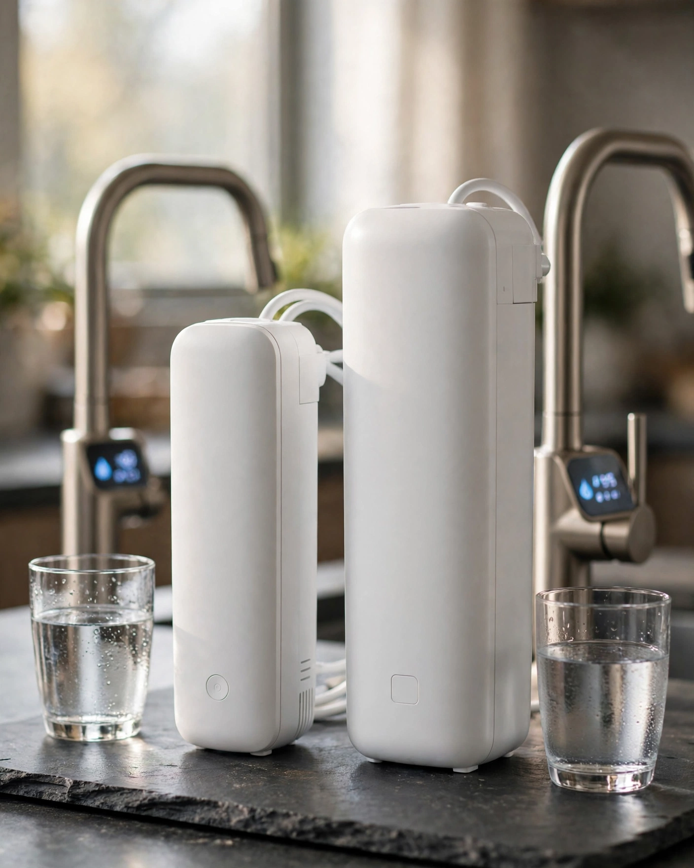 Waterdrop G3P800 and X12 tankless RO units side by side with smart faucets