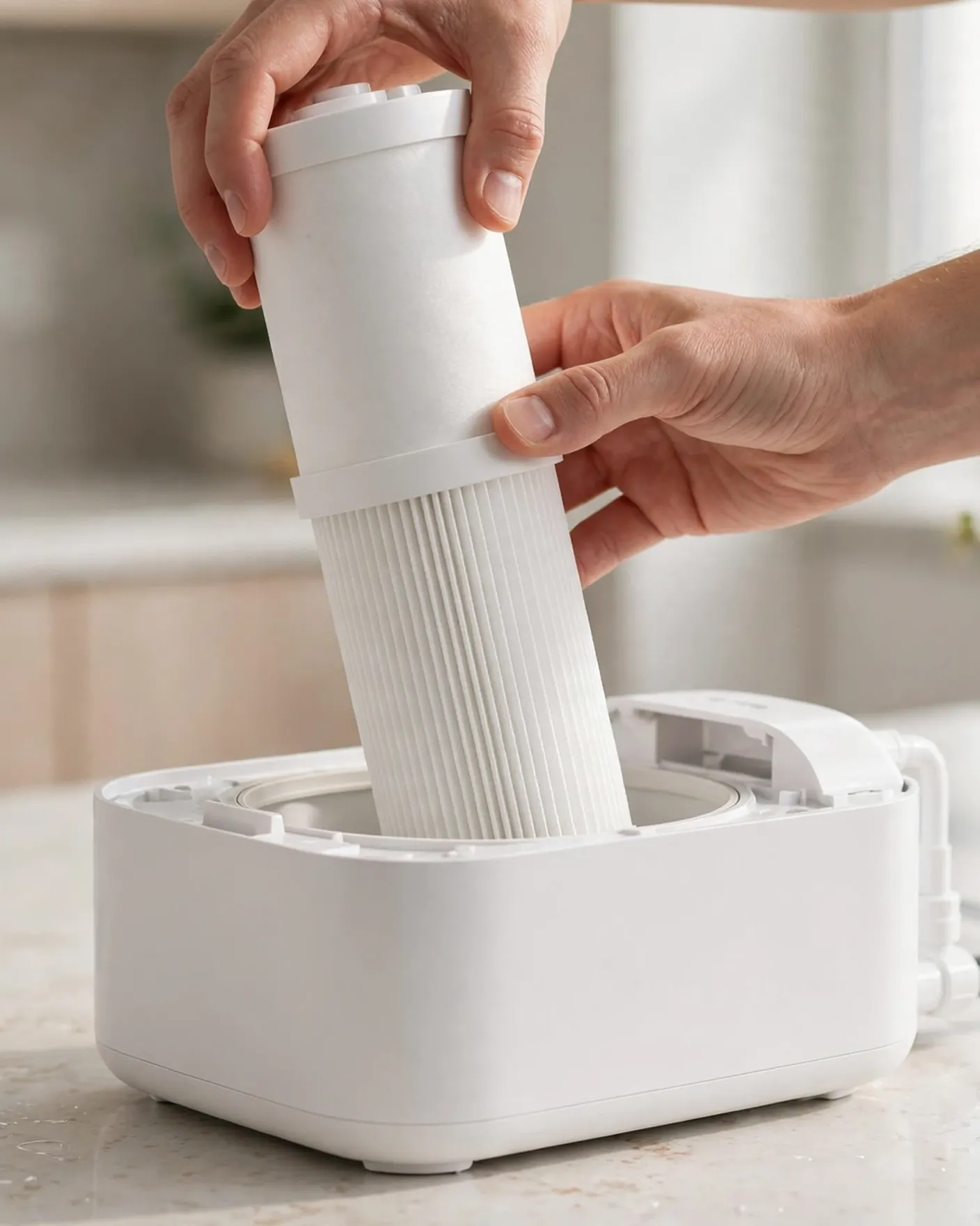 Pulling the composite filter cartridge out of the Waterdrop K19-SFK for replacement
