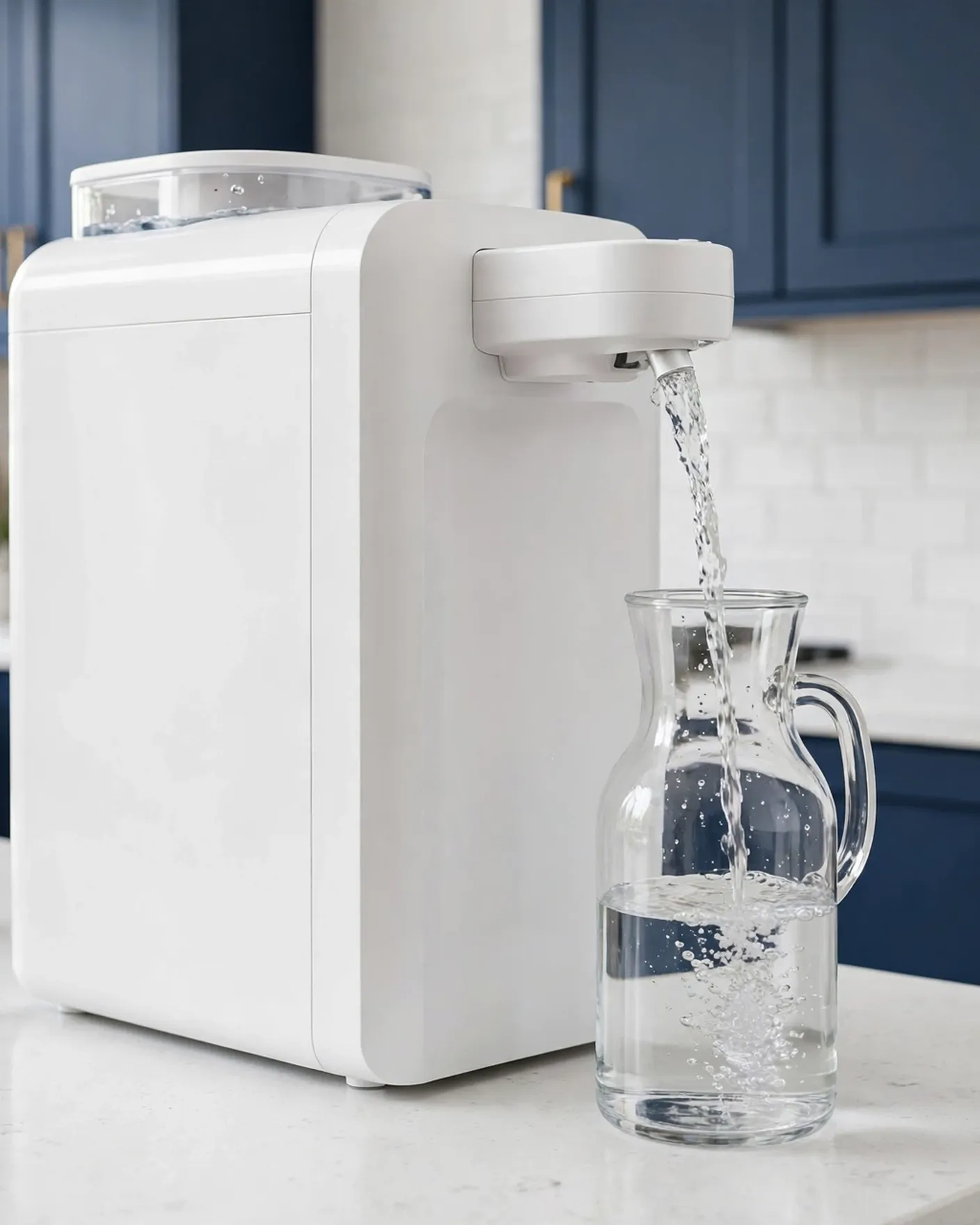 Waterdrop K19-SFK countertop RO unit dispensing filtered water into a glass carafe