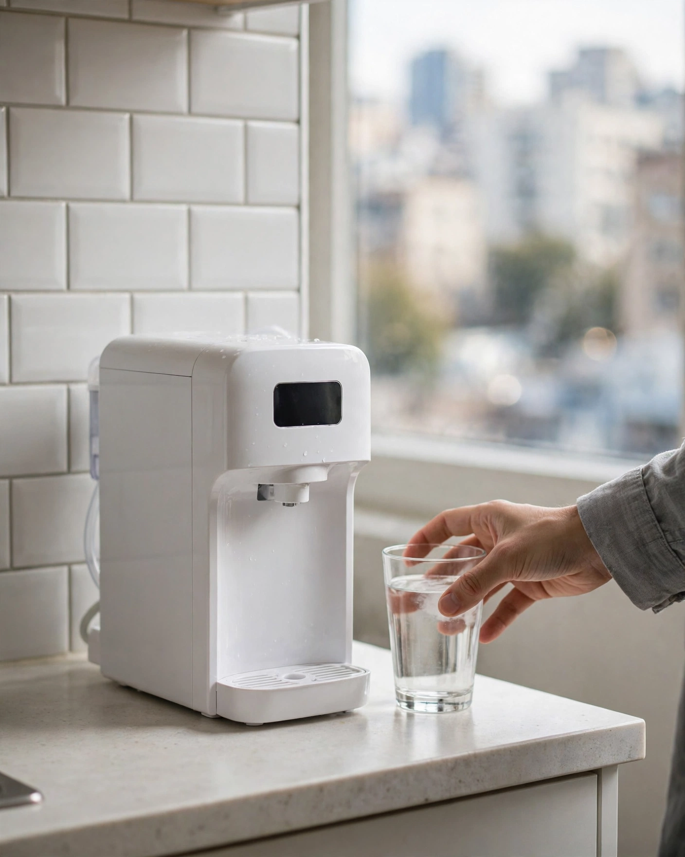 Waterdrop K19-SFK on a small apartment kitchen counter, hand reaching for a glass of water