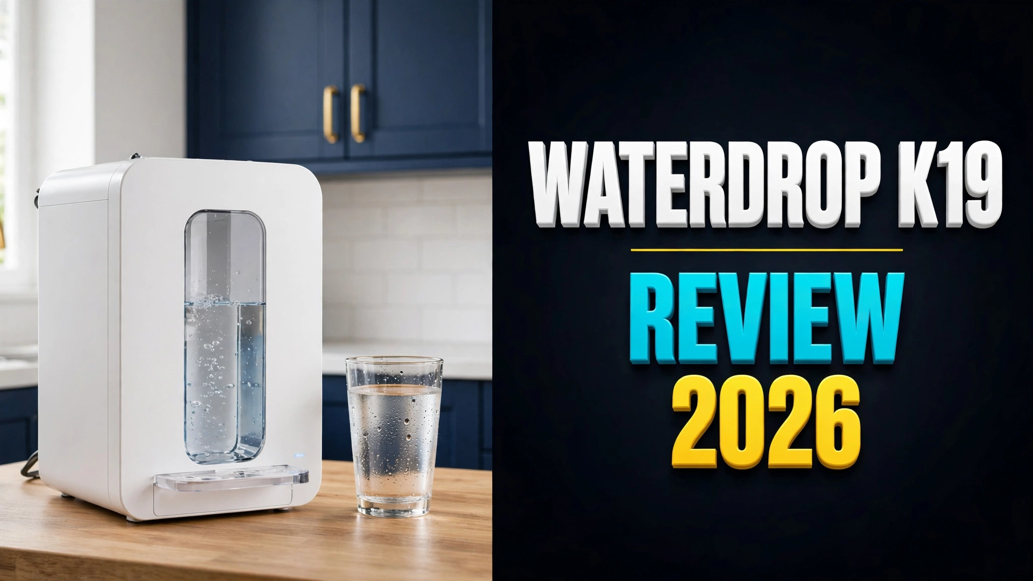 Waterdrop K19-SFK countertop reverse-osmosis unit review 2026 — white dispenser with water-level window on a bright kitchen counter