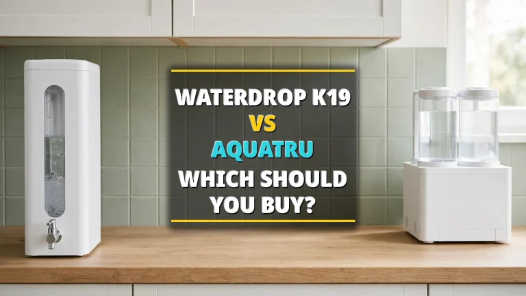 Waterdrop K19 vs AquaTru (2026): white countertop RO dispenser and twin-tank RO on a kitchen counter with comparison headline