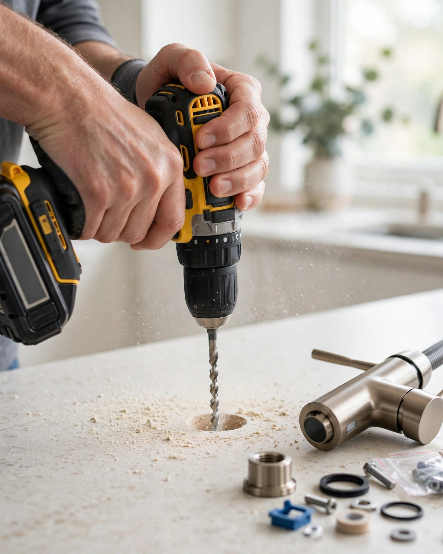 Drilling a faucet mounting hole in a kitchen countertop