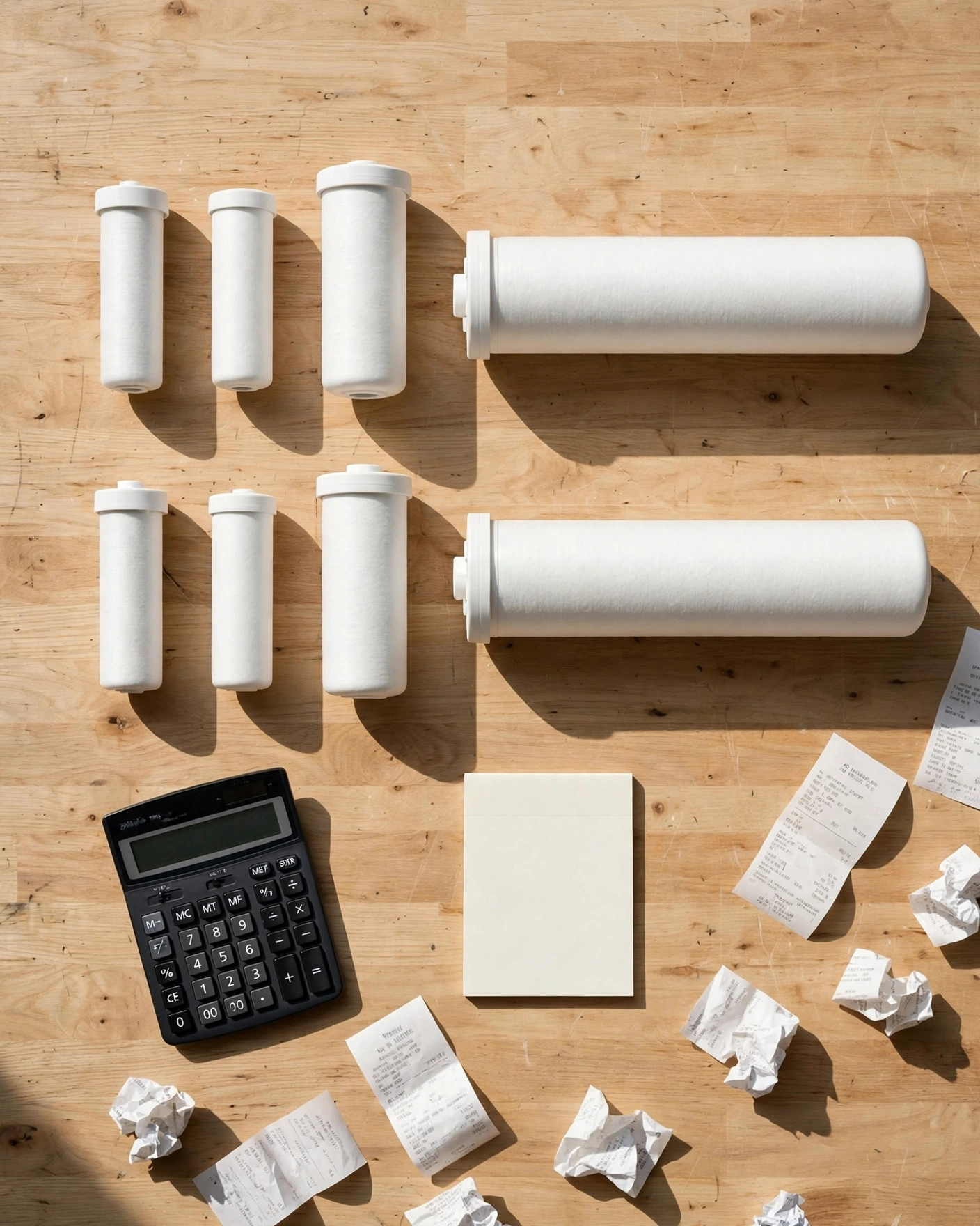 Replacement RO filter cartridges with a calculator and receipts