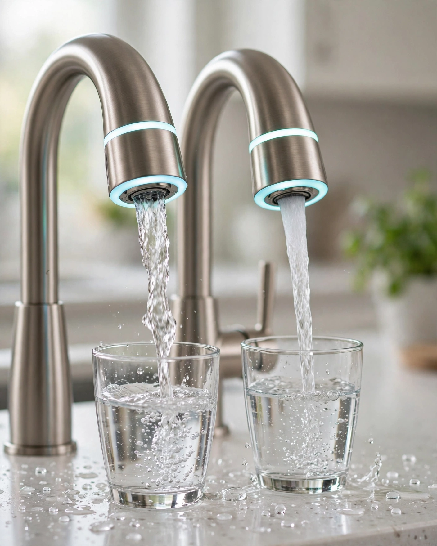 Two brushed-nickel smart RO faucets pouring water into glasses