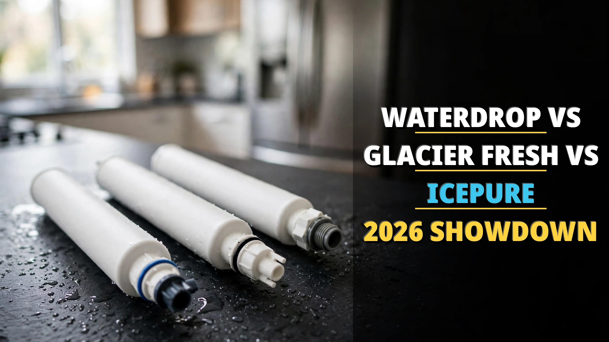 Waterdrop vs Glacier Fresh vs ICEPURE fridge filter comparison with baked-in headline
