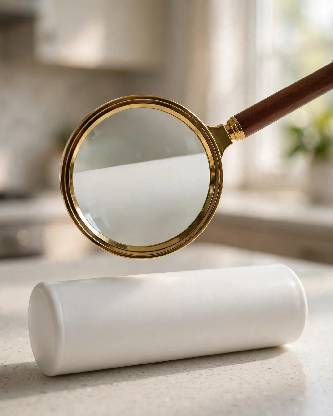 Magnifying glass held over a blank unlabeled refrigerator filter cartridge on a kitchen counter