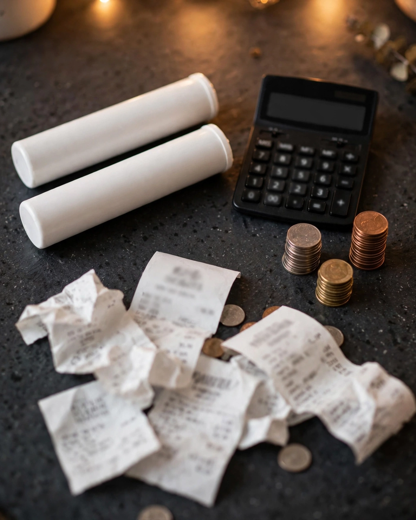 Two unlabeled refrigerator filter cartridges with a calculator, coins, and receipts on a table