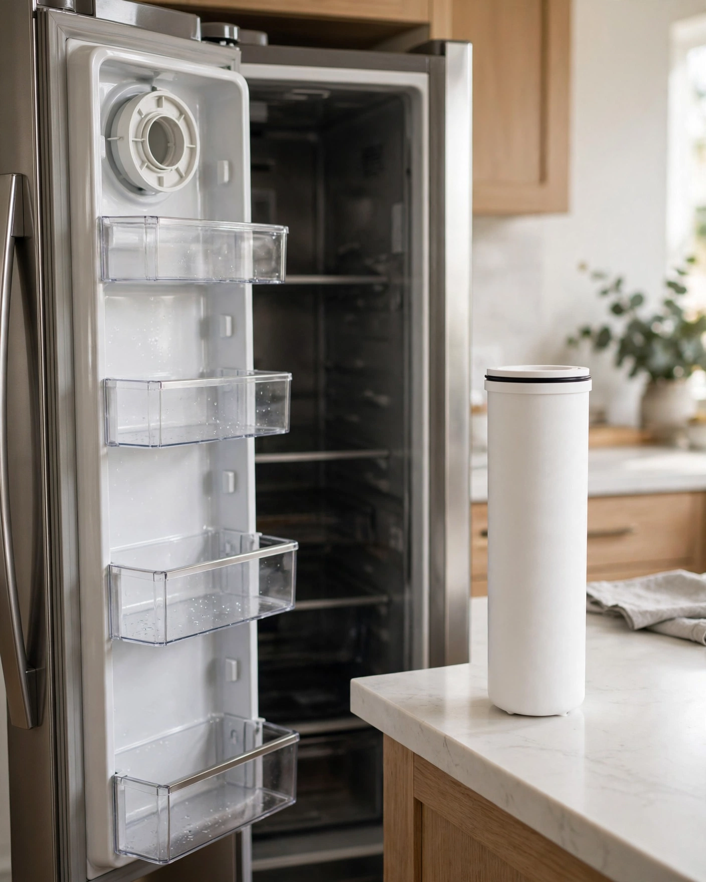 Open refrigerator door with its filter compartment visible and an unlabeled replacement cartridge on the counter