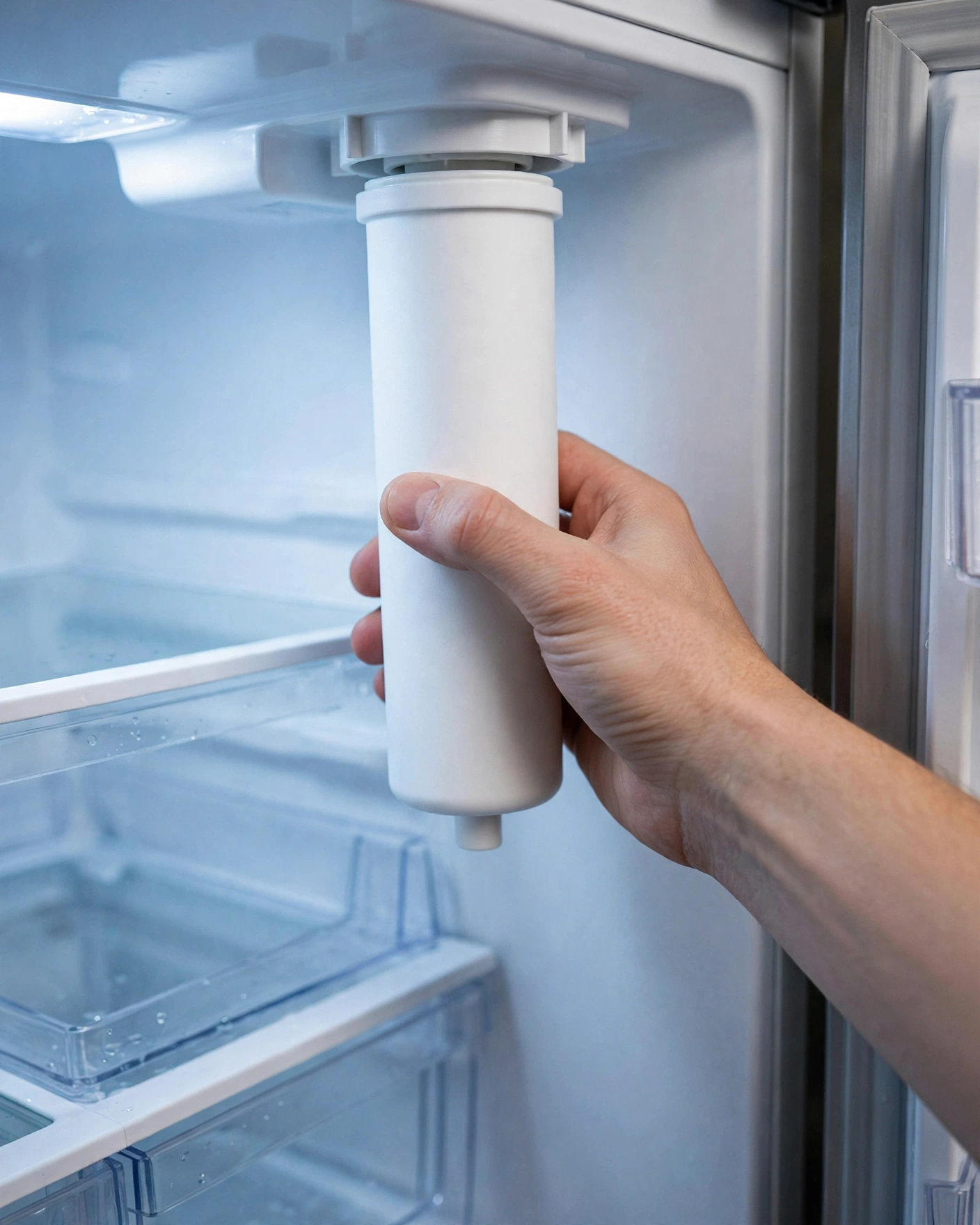 Hand twisting an unlabeled refrigerator filter cartridge into the fridge's filter housing