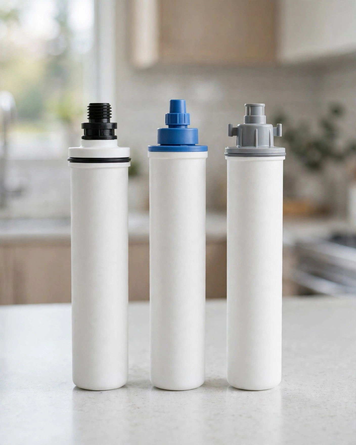 Three unlabeled compatible refrigerator filter cartridges with different end connectors lined up on a kitchen counter