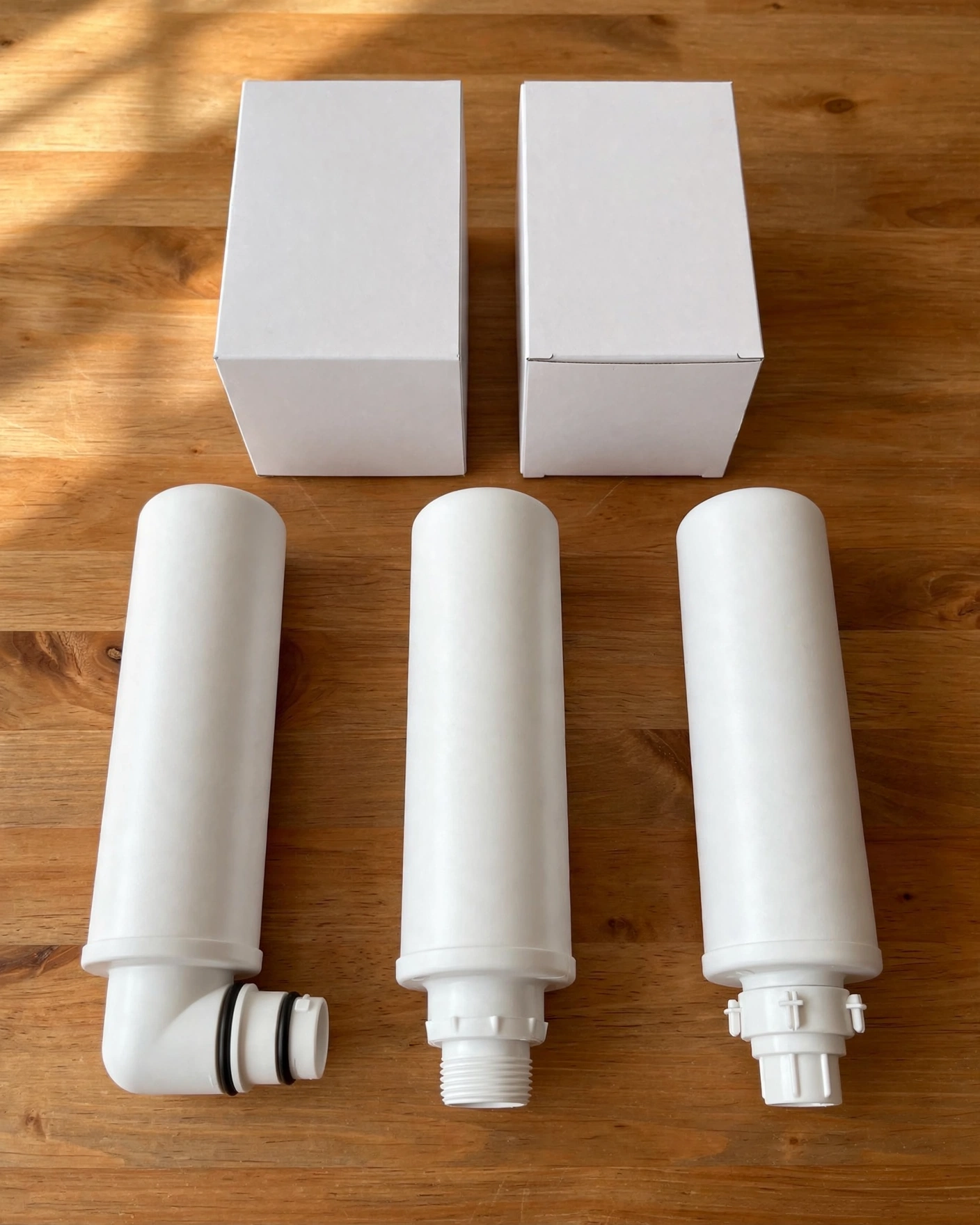 Three unlabeled compatible refrigerator filter cartridges with different end connectors in a comparison flat-lay