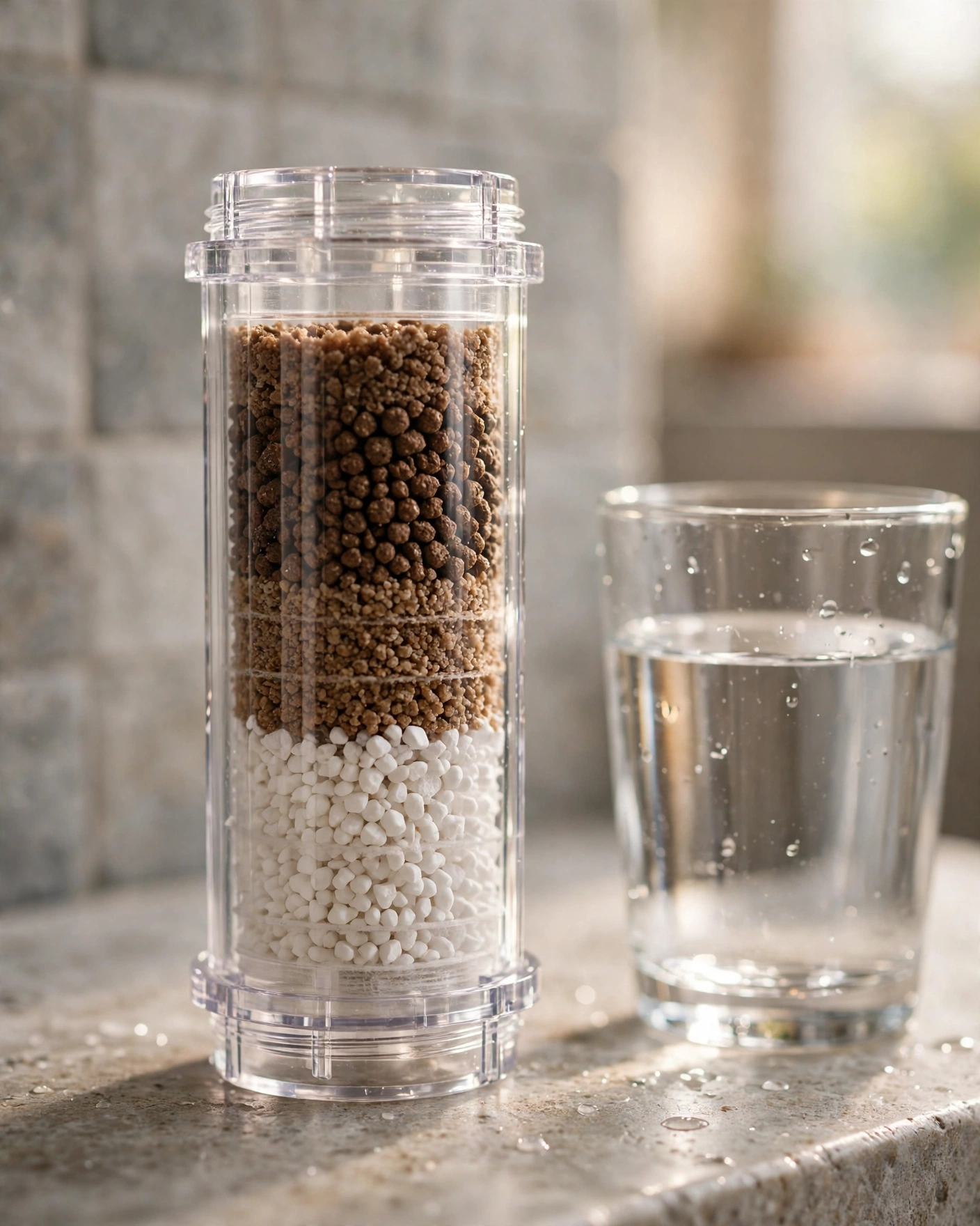 Close-up of a clear Weddell Duo shower filter cartridge showing layered granular filter media beside a glass of water