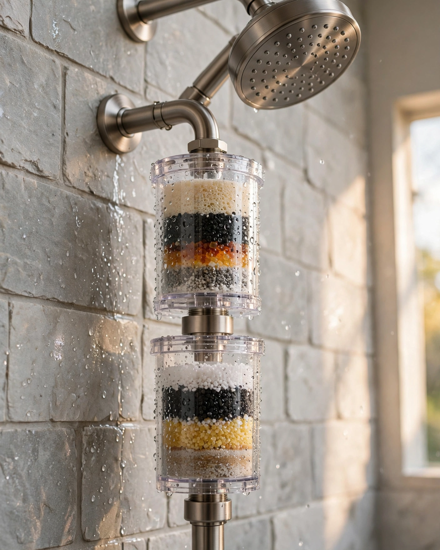 Weddell Duo dual clear shower filter cartridges mounted inline below a brushed-nickel shower head