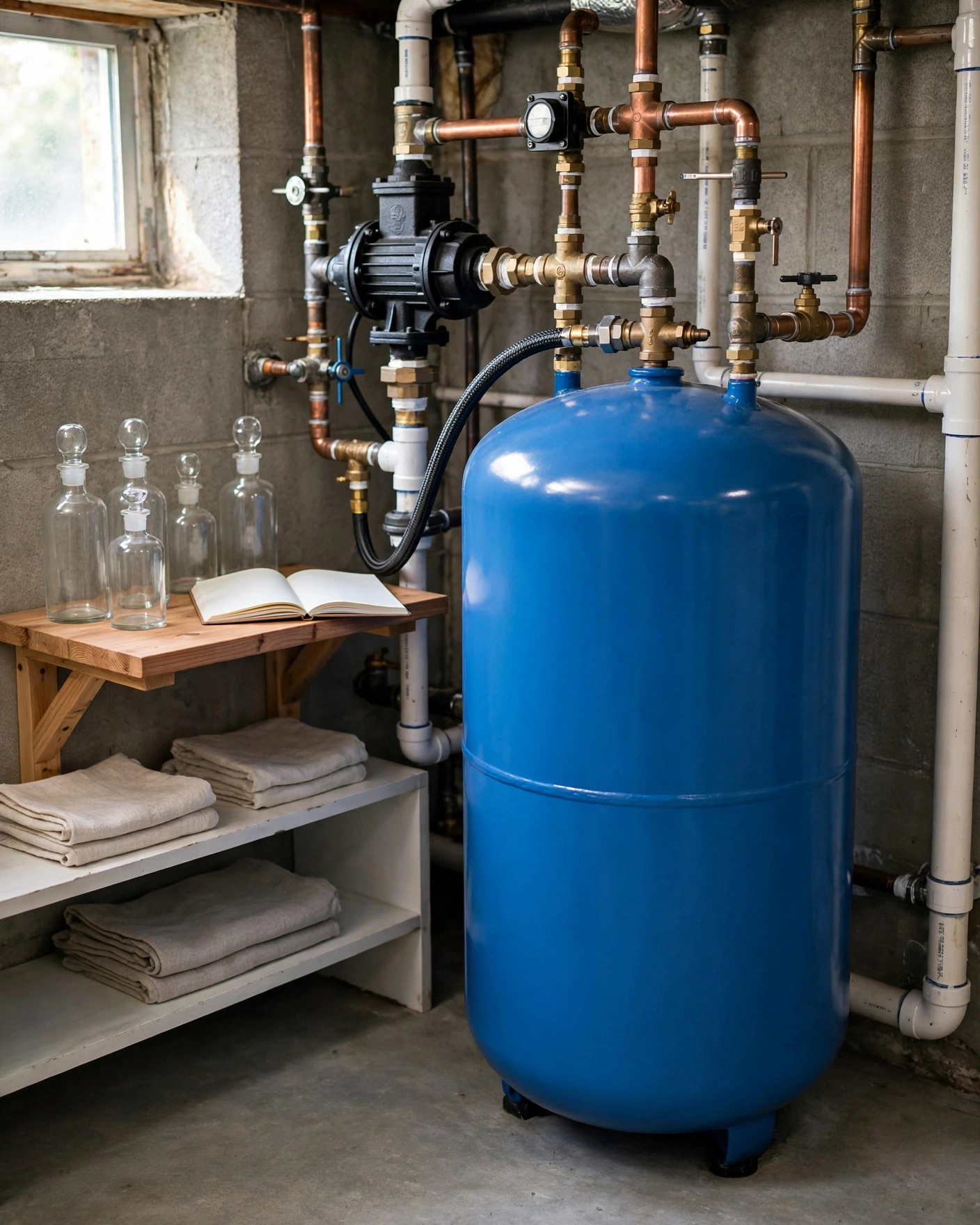 A blue pressure tank with sample bottles on a shelf in a basement
