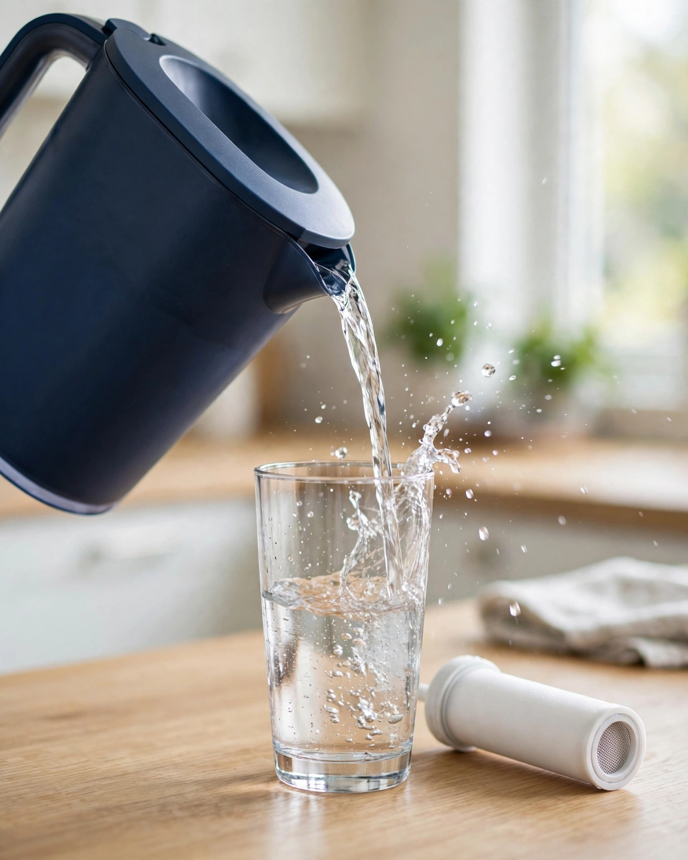Dark-blue pour-through water filter pitcher pouring into a glass on a light oak counter with a blank filter cartridge beside it