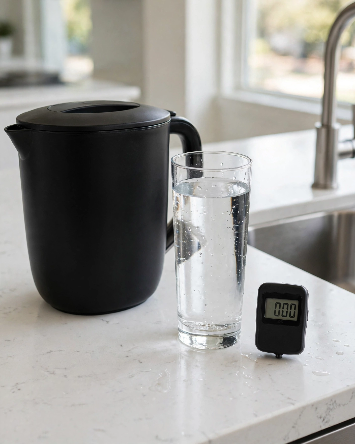 Black water filter pitcher beside a glass of clear water and a TDS meter reading 000 on a white quartz counter