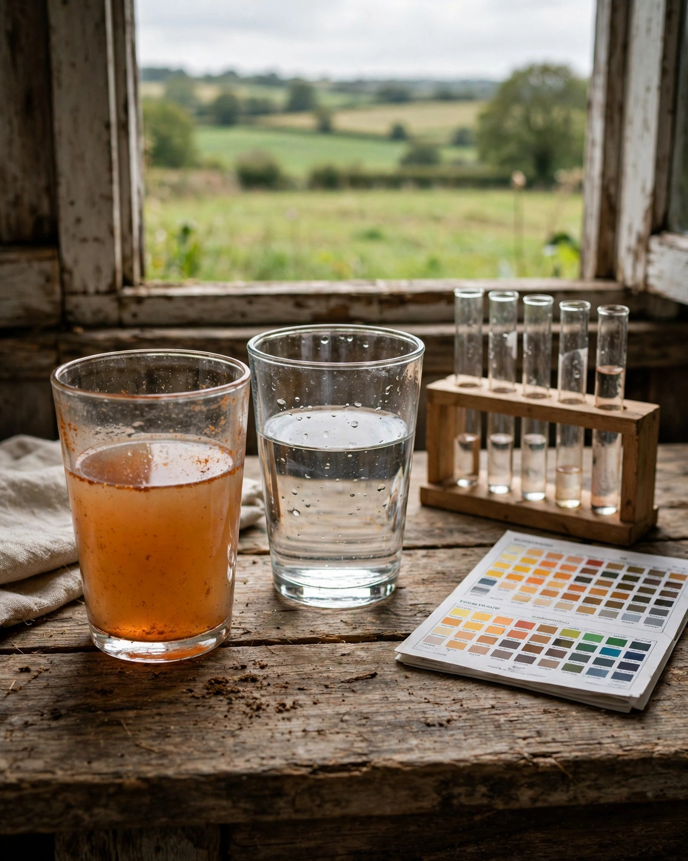 Glasses of iron-tinted and clear well water with test vials and a color chart beside a window overlooking a field