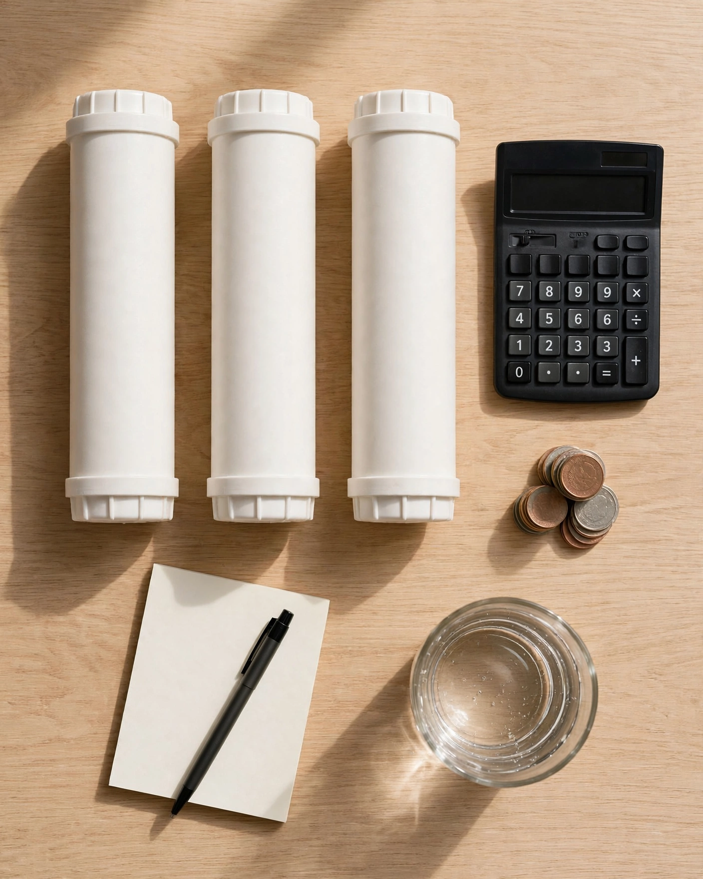Water filter cartridges with a calculator, coins, and notepad for yearly filter cost math on a light oak counter