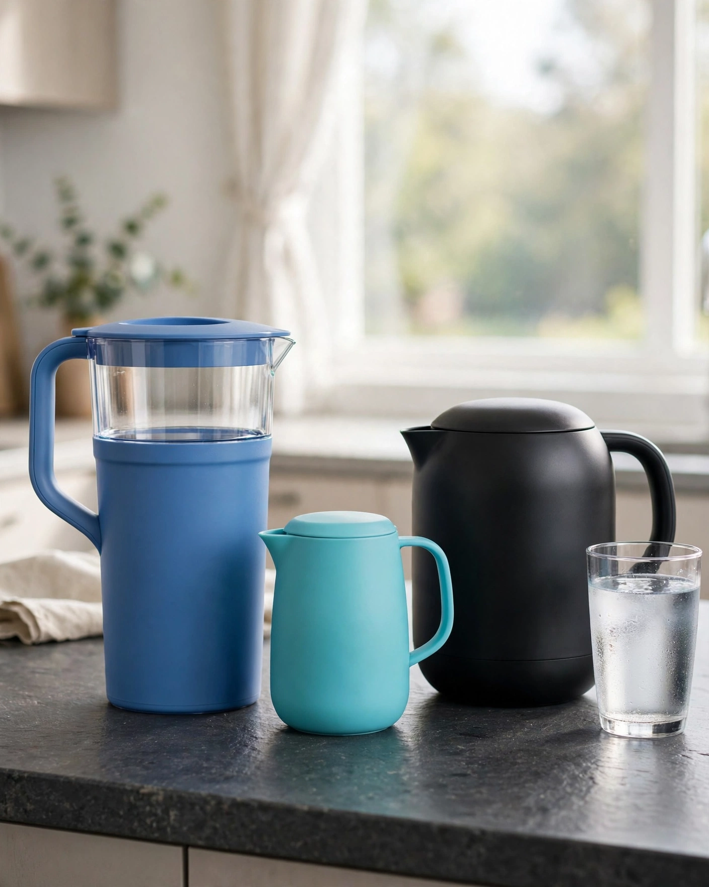 Three water filter pitchers lined up on a dark slate kitchen island with a glass of filtered water