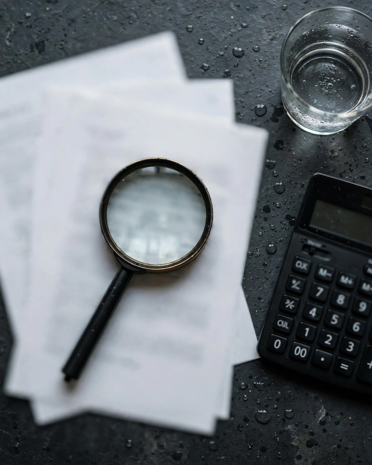 Research desk with water filter spec sheets, a magnifying glass, a calculator, and a glass of water