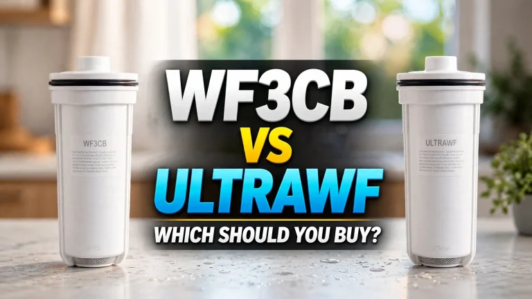 Frigidaire WF3CB and ULTRAWF refrigerator filter cartridges on either side of a bold WF3CB vs ULTRAWF headline